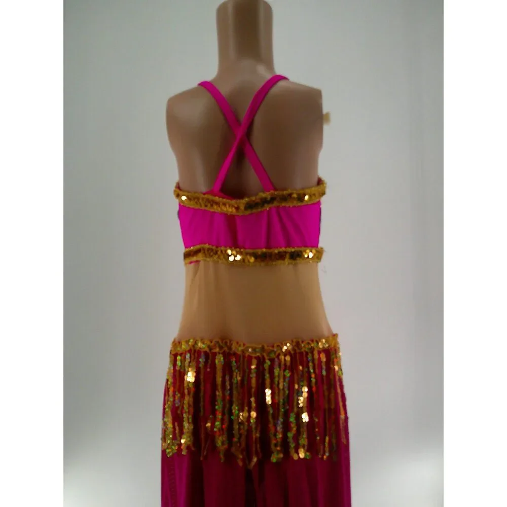 Pre-Owned Dance Costume Art Stone 26764 Medium Child Pink Jumpsuit Jazz Sequin